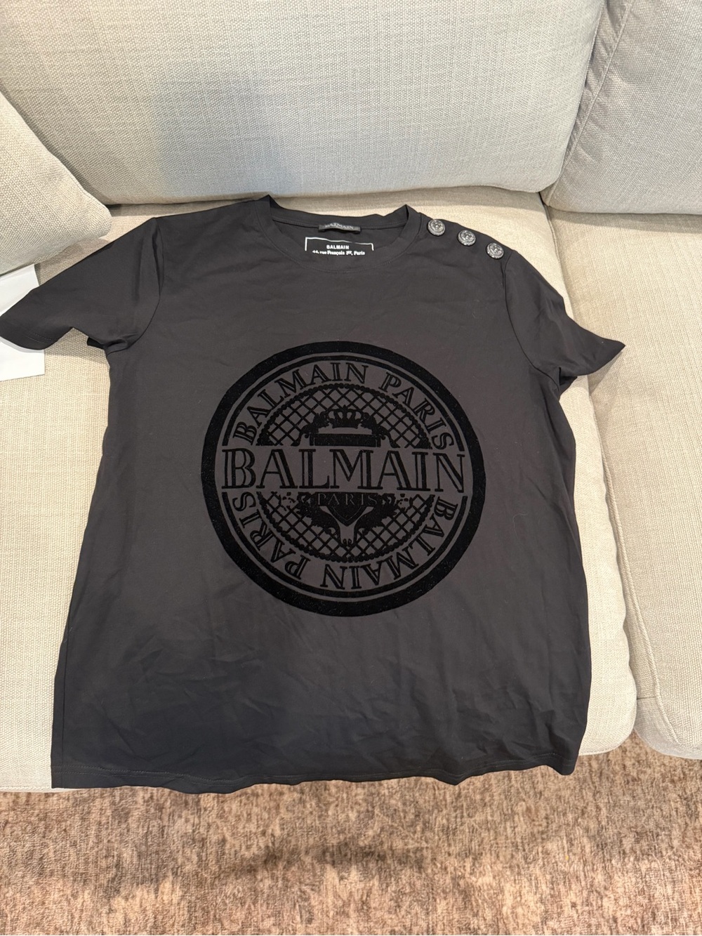Balmain Black Short-Sleeve Logo Tee with Shoulder Buttons
